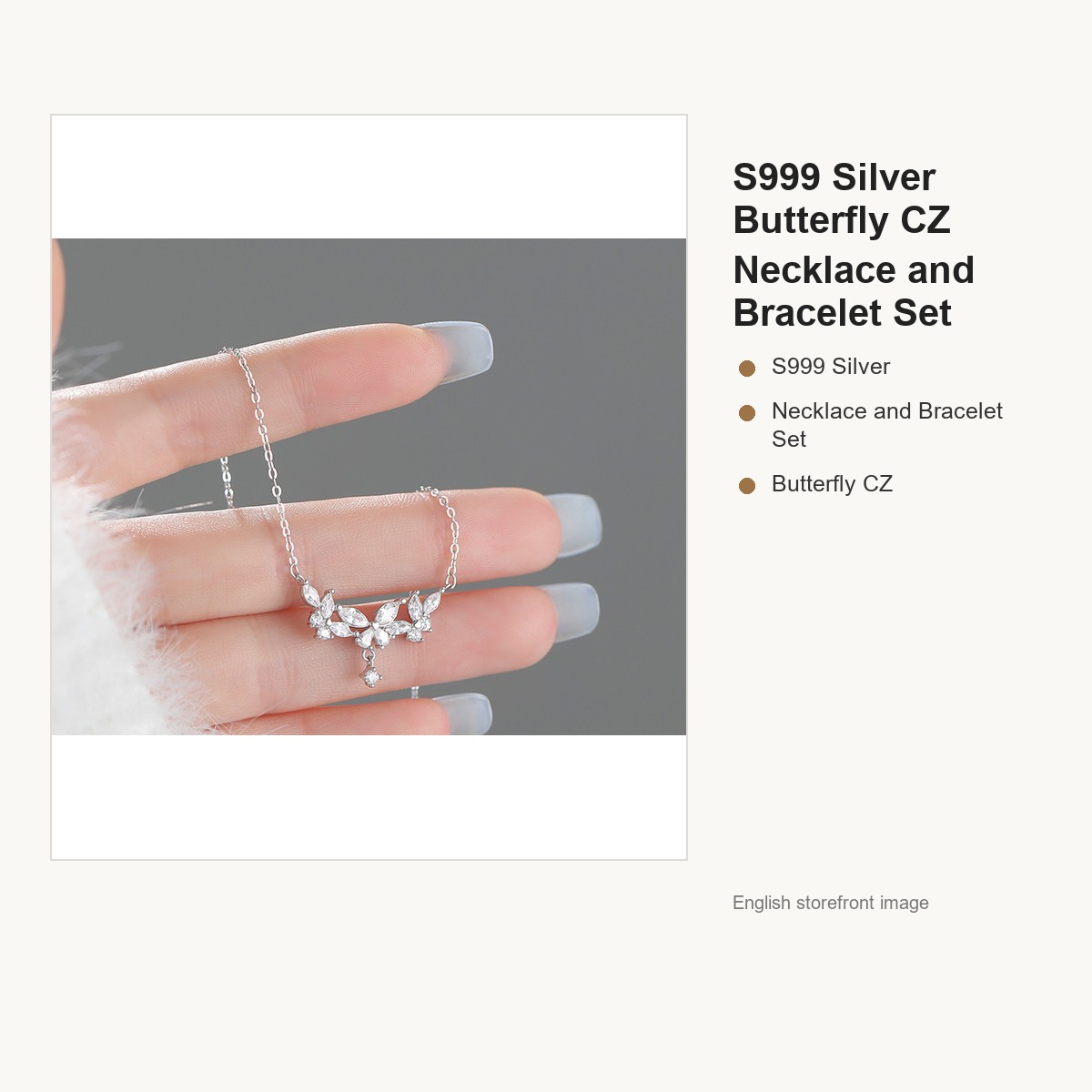 S999 Silver Butterfly CZ Necklace and Bracelet Set gallery image 2
