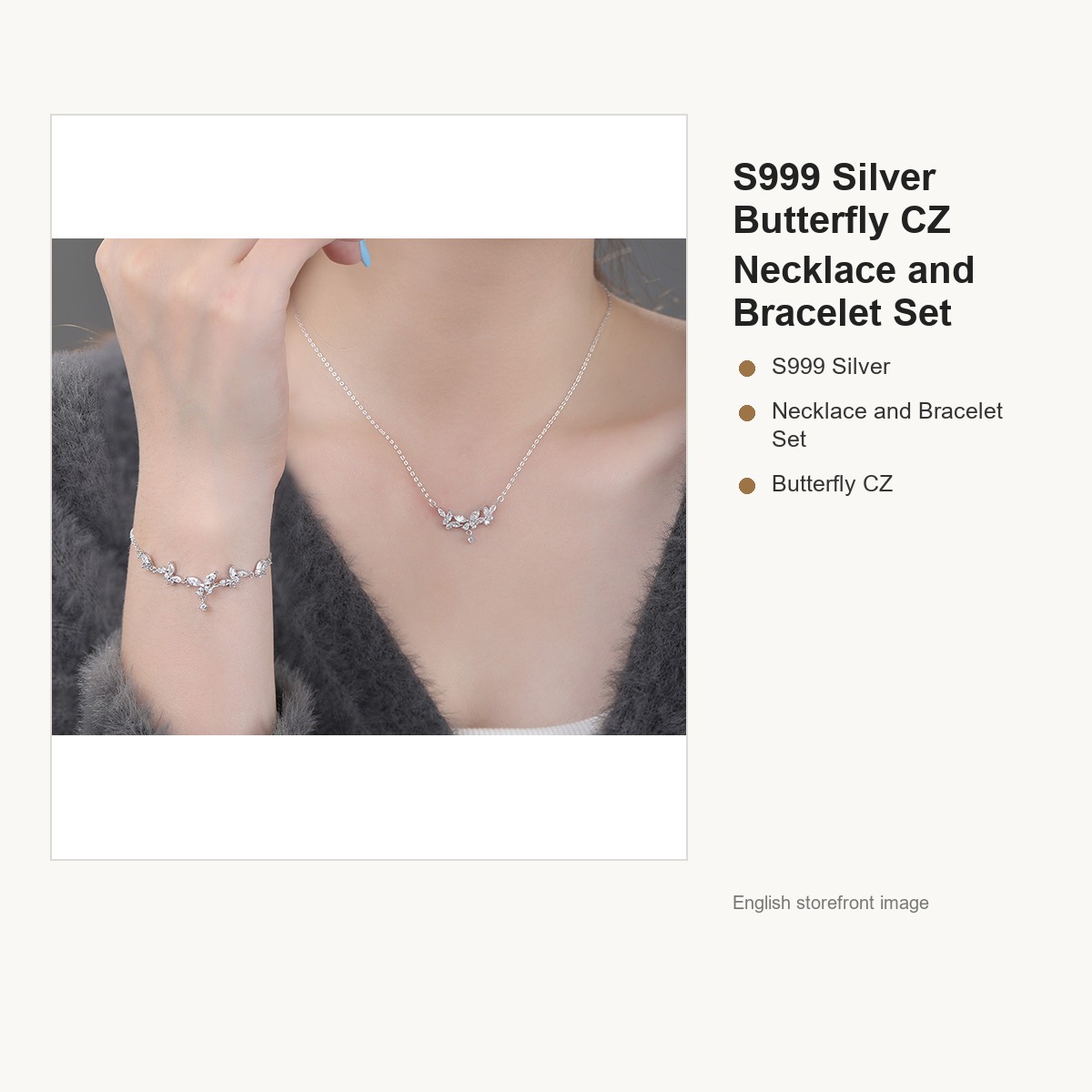 S999 Silver Butterfly CZ Necklace and Bracelet Set gallery image 3