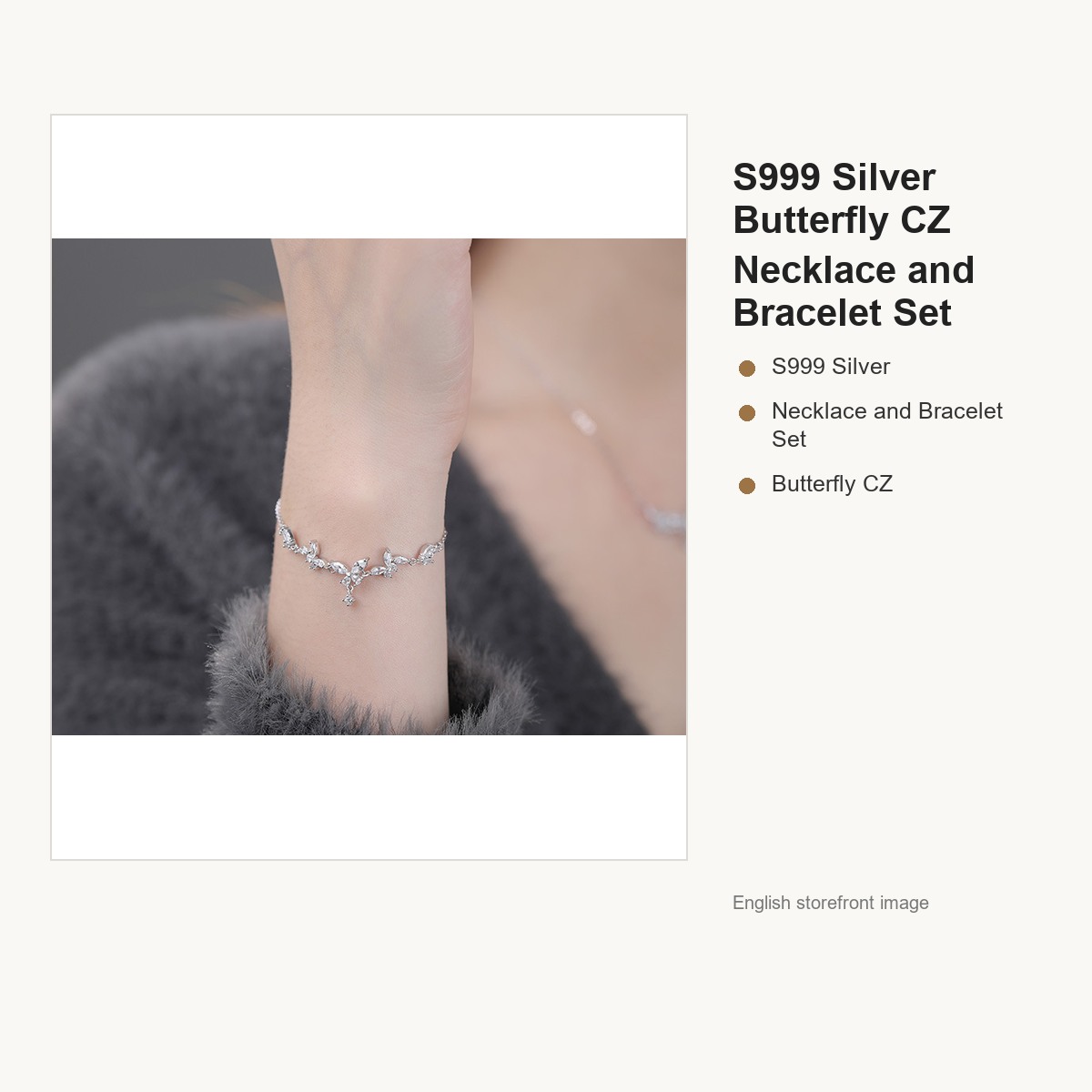 S999 Silver Butterfly CZ Necklace and Bracelet Set gallery image 4