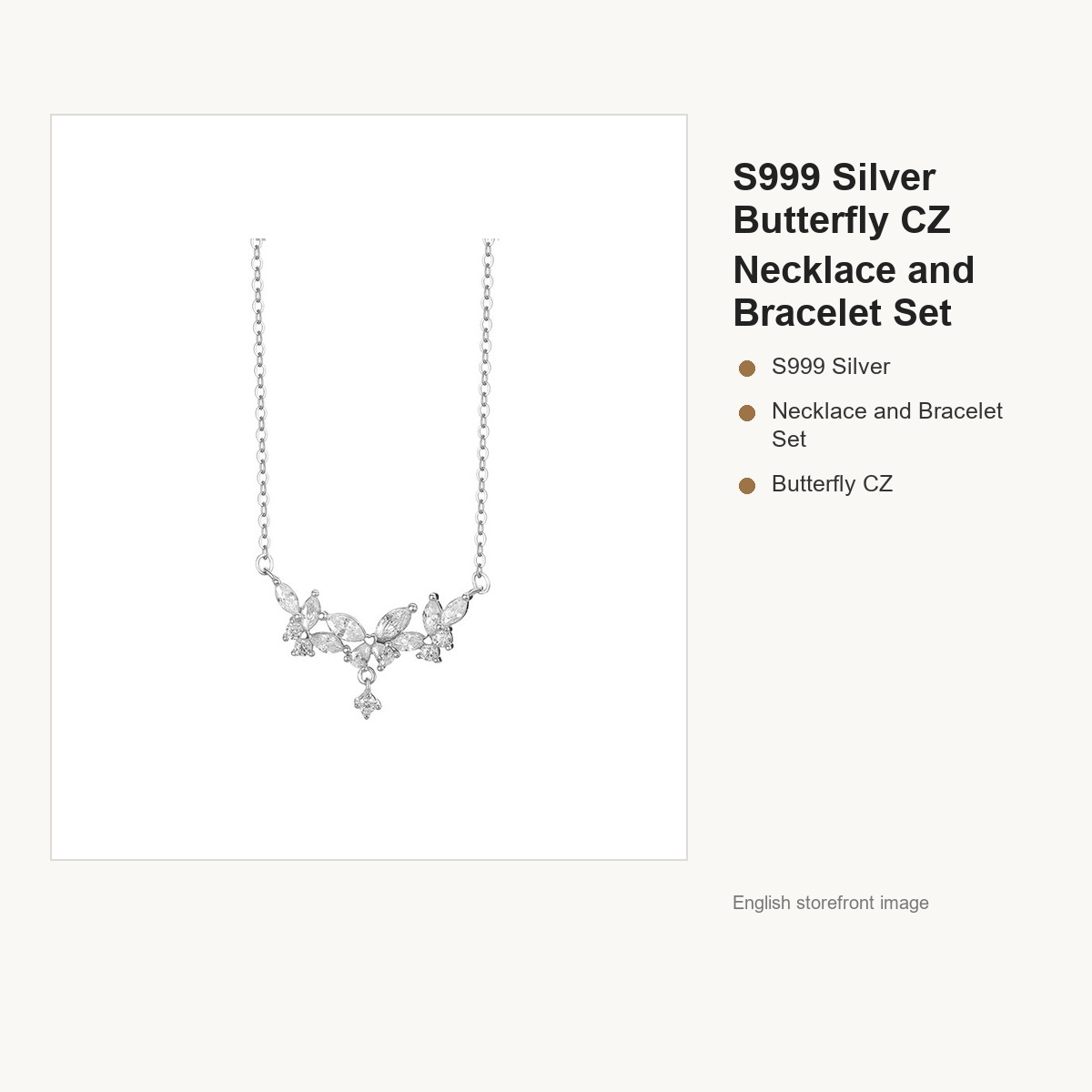 S999 Silver Butterfly CZ Necklace and Bracelet Set gallery image 5