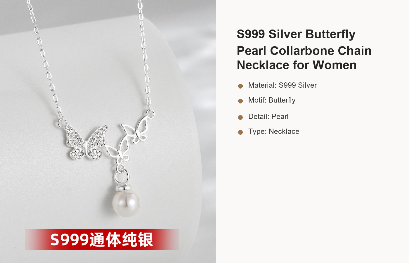 S999 Silver Butterfly Pearl Collarbone Chain Necklace for Women detail image