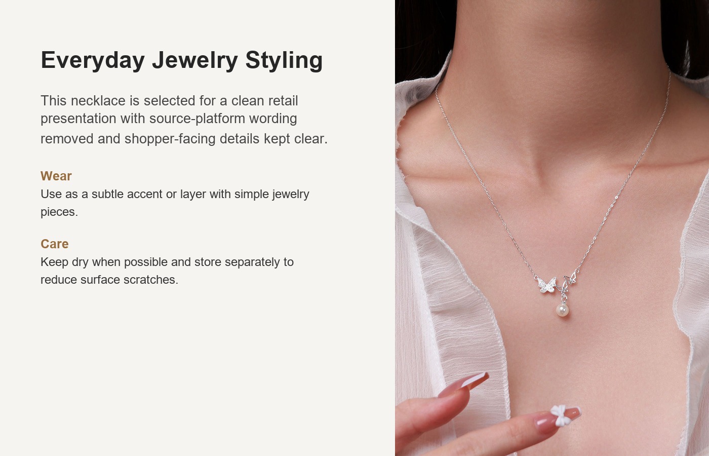 S999 Silver Butterfly Pearl Collarbone Chain Necklace for Women detail image