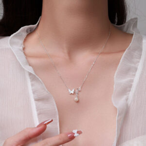 S999 Silver Butterfly Pearl Collarbone Chain Necklace for Women main image 1