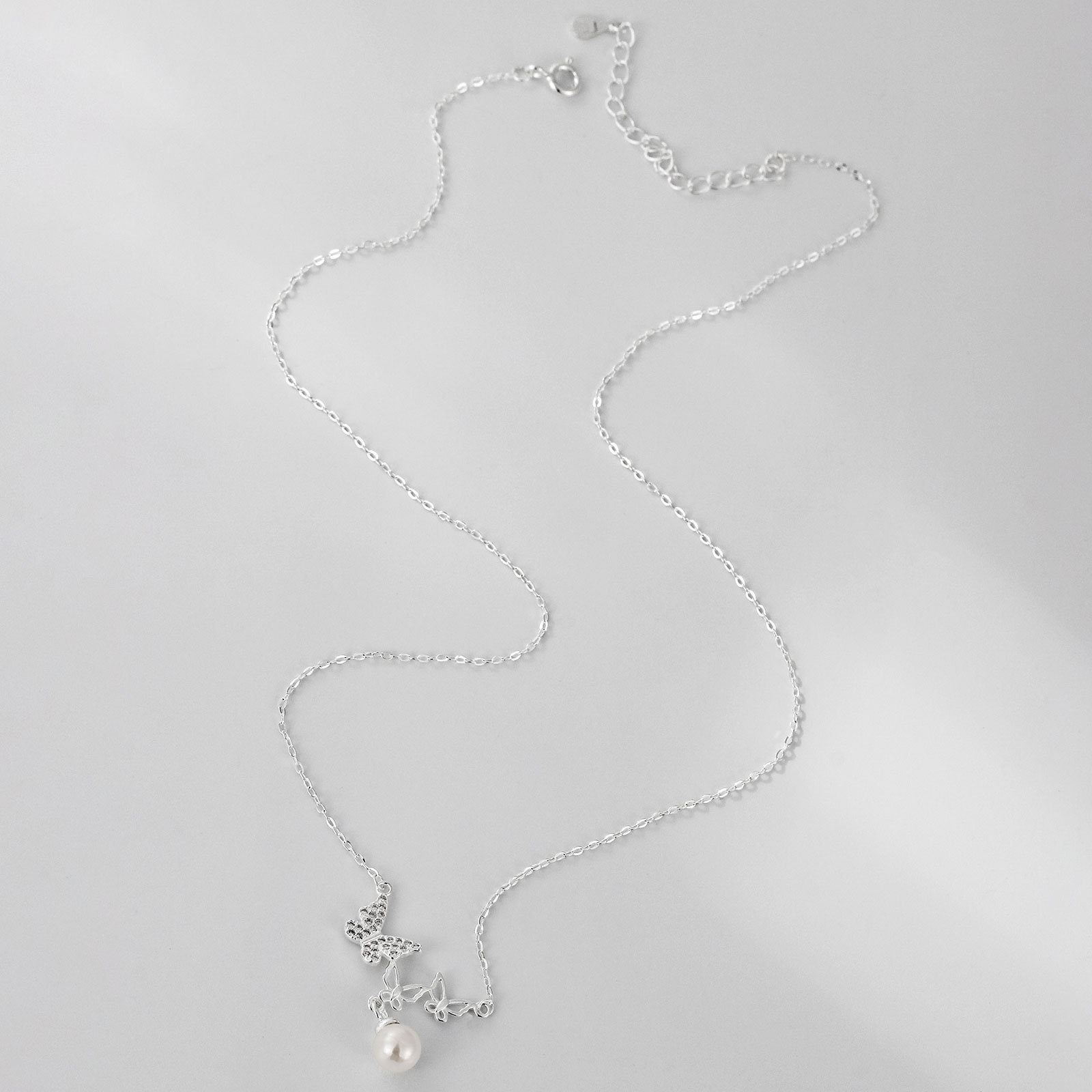 S999 Silver Butterfly Pearl Collarbone Chain Necklace for Women main image 4