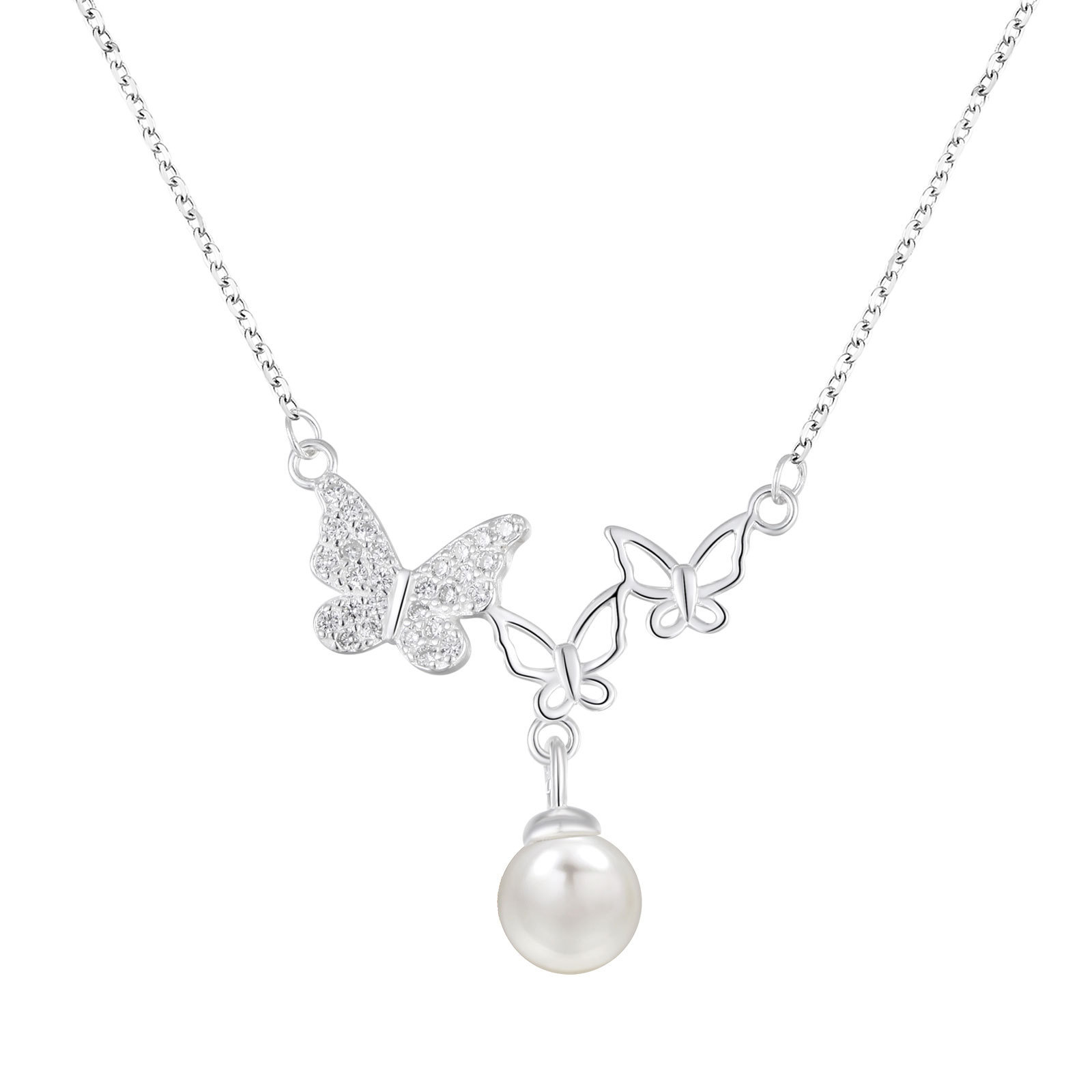 S999 Silver Butterfly Pearl Collarbone Chain Necklace for Women main image 5