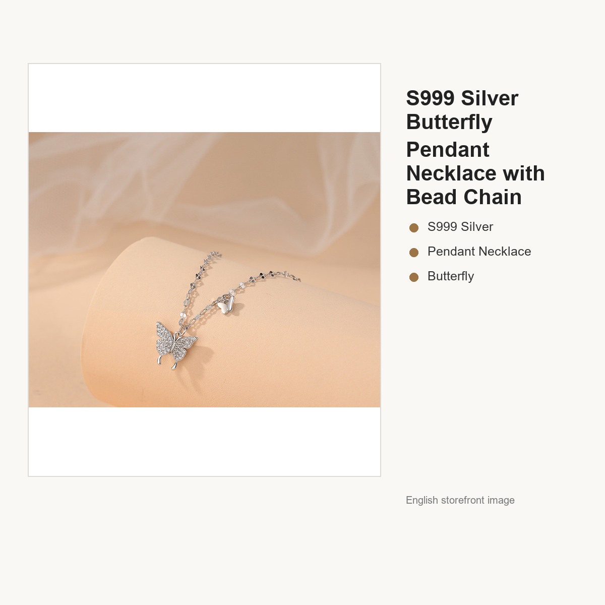 S999 Silver Butterfly Pendant Necklace with Bead Chain gallery image 2