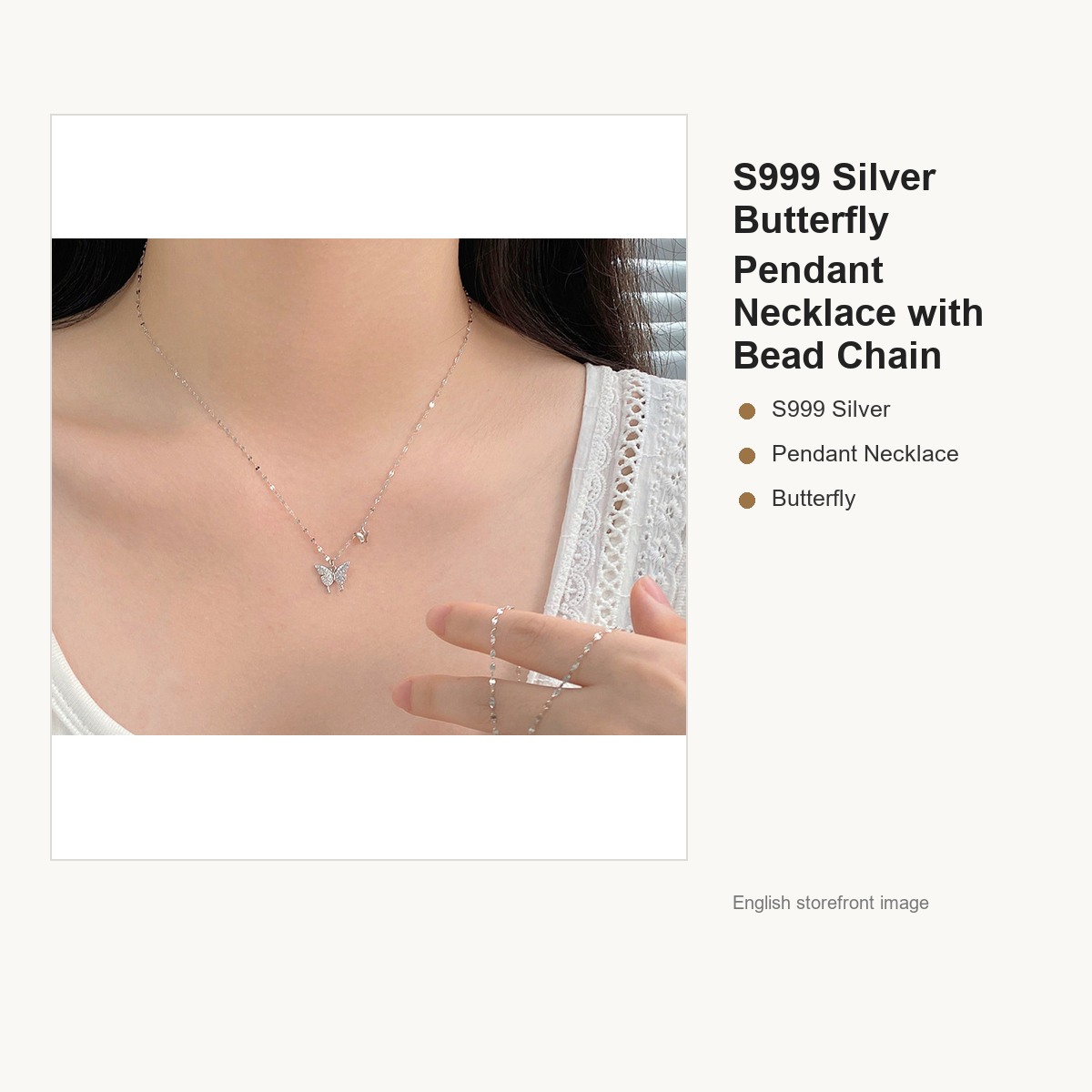 S999 Silver Butterfly Pendant Necklace with Bead Chain gallery image 3