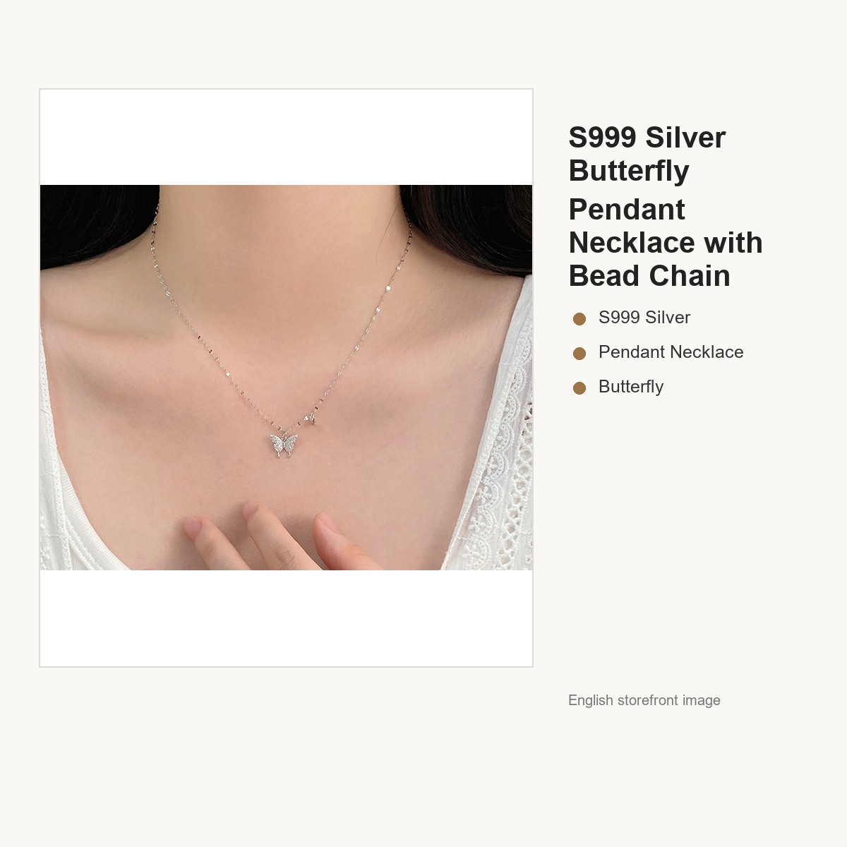 S999 Silver Butterfly Pendant Necklace with Bead Chain gallery image 4