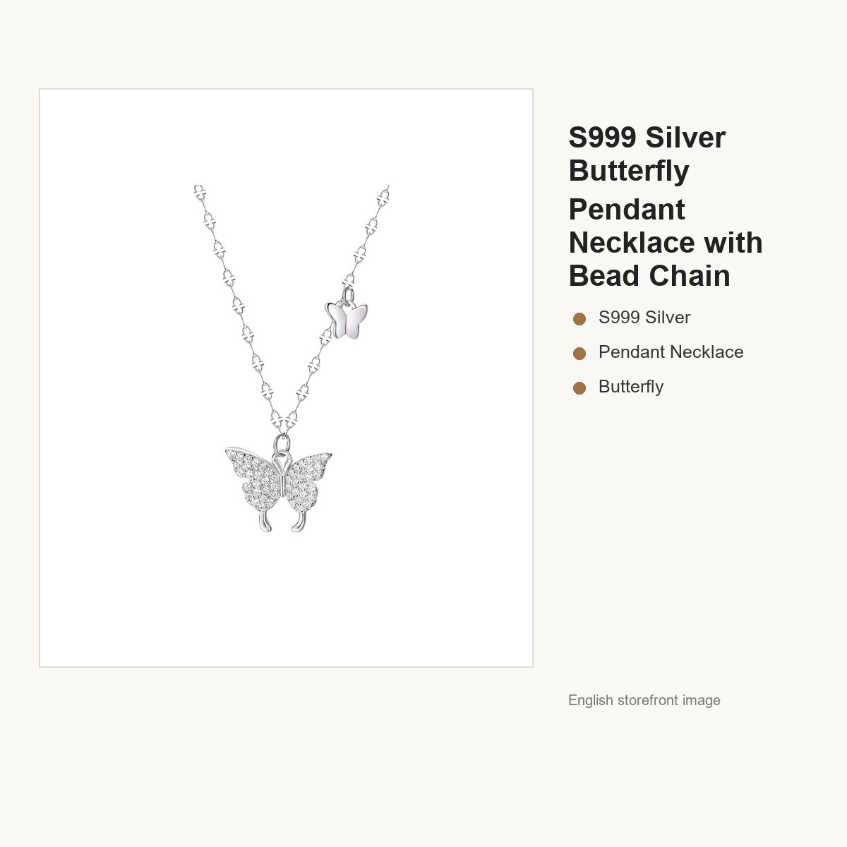 S999 Silver Butterfly Pendant Necklace with Bead Chain gallery image 5