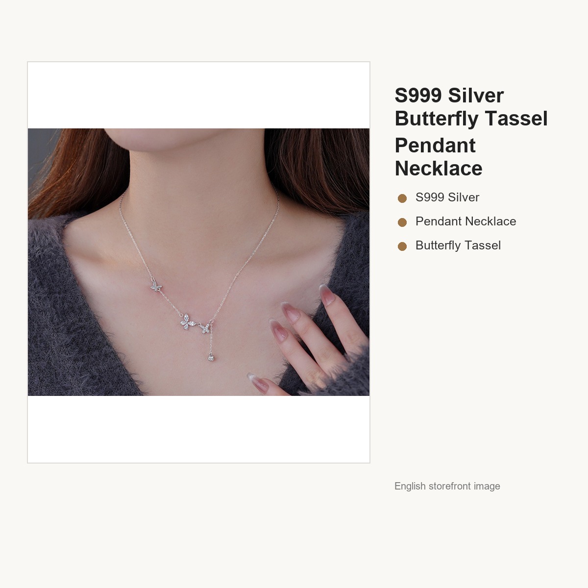 S999 Silver Butterfly Tassel Pendant Necklace for Women gallery image 3