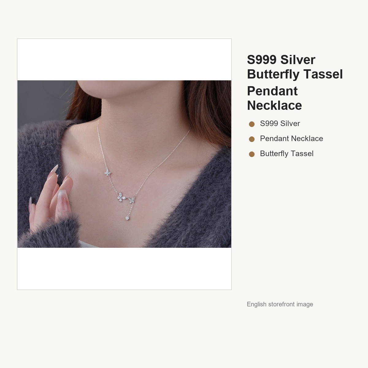 S999 Silver Butterfly Tassel Pendant Necklace for Women gallery image 4