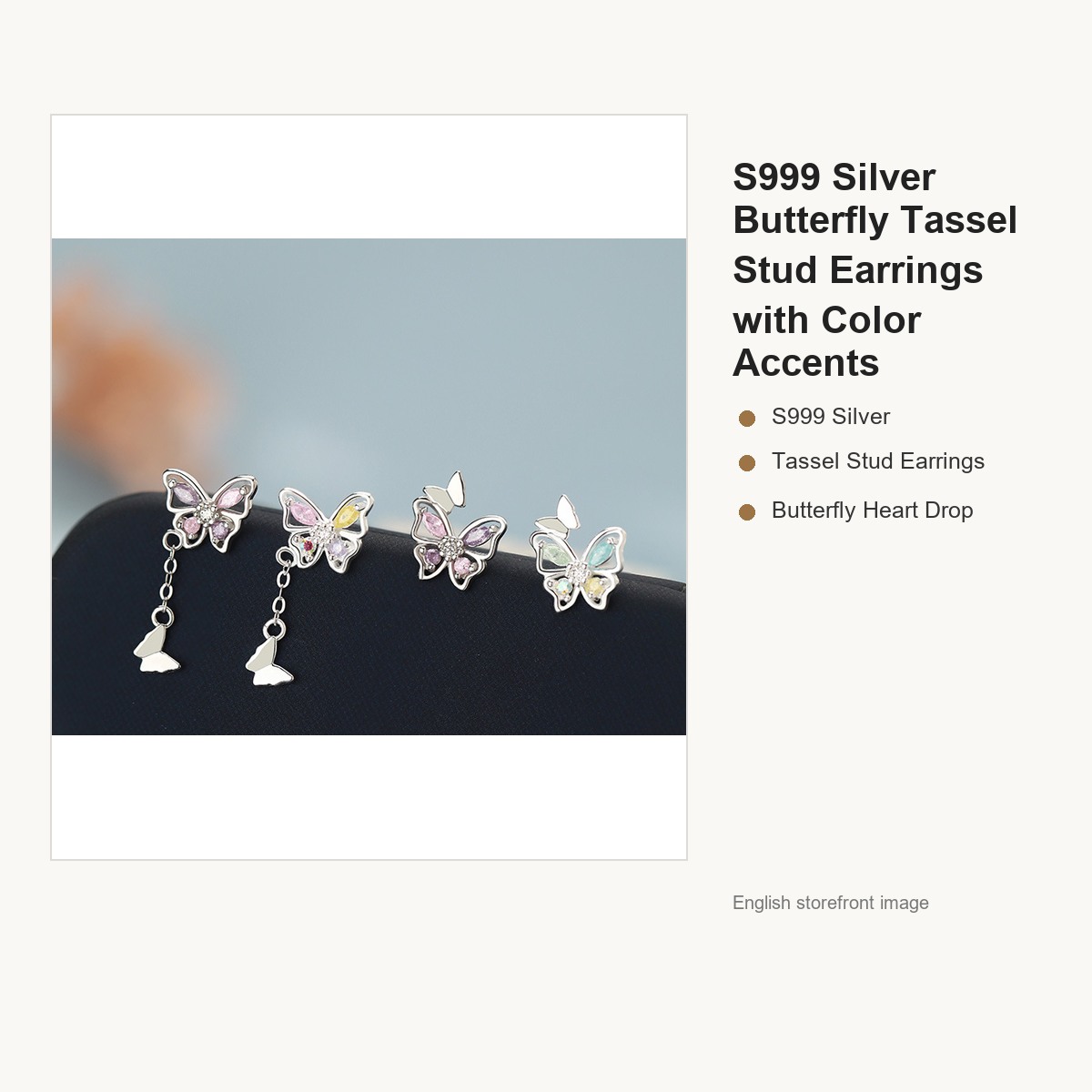 S999 Silver Butterfly Tassel Stud Earrings with Color Accents gallery image 2