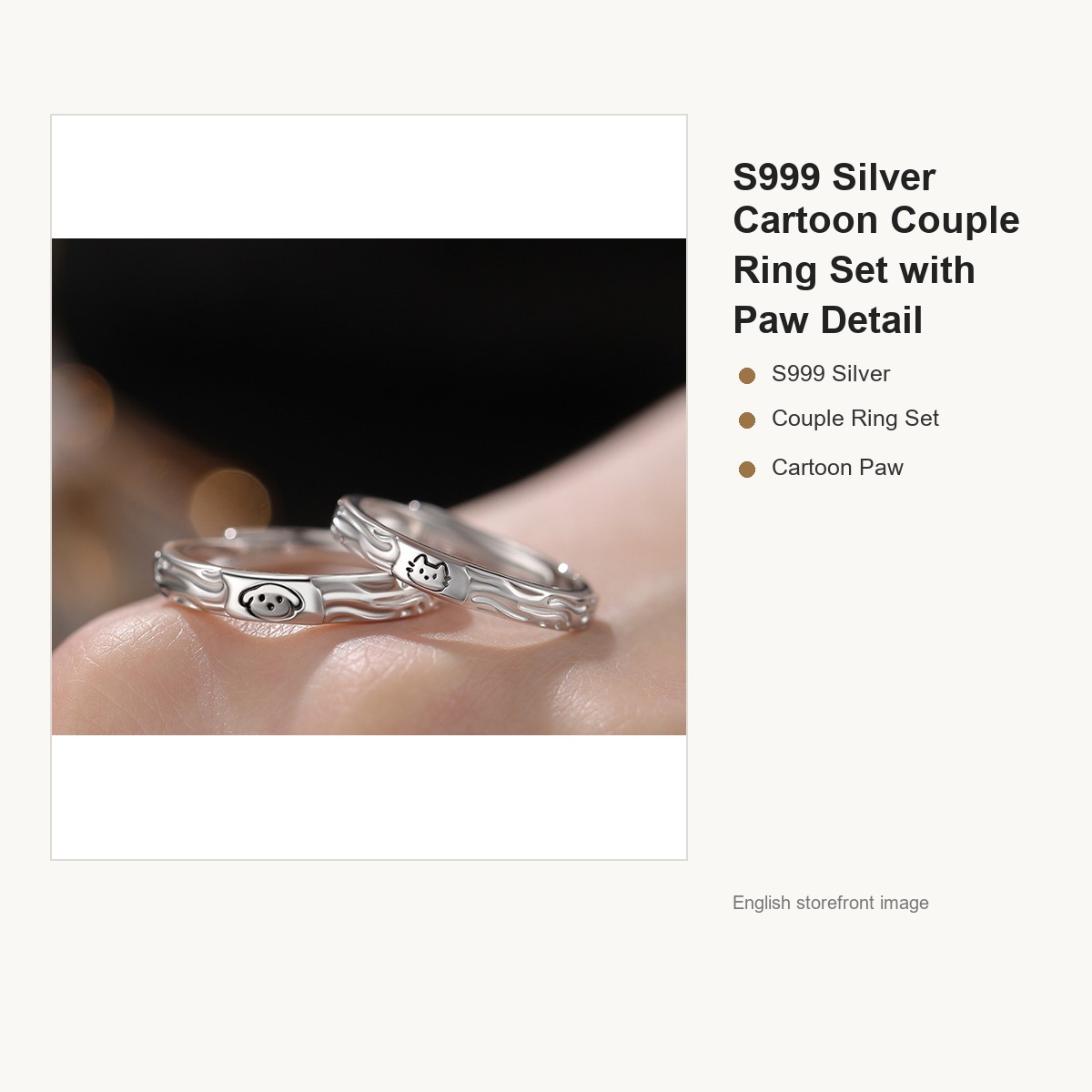 S999 Silver Cartoon Couple Ring Set with Paw Detail gallery image 1