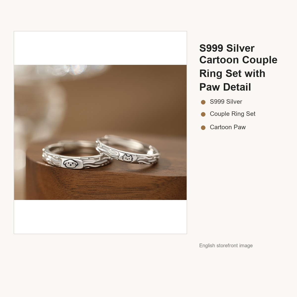 S999 Silver Cartoon Couple Ring Set with Paw Detail gallery image 2