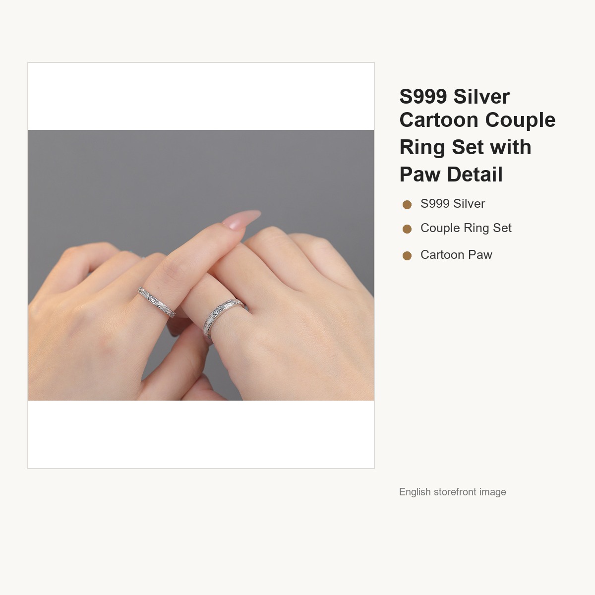 S999 Silver Cartoon Couple Ring Set with Paw Detail gallery image 3