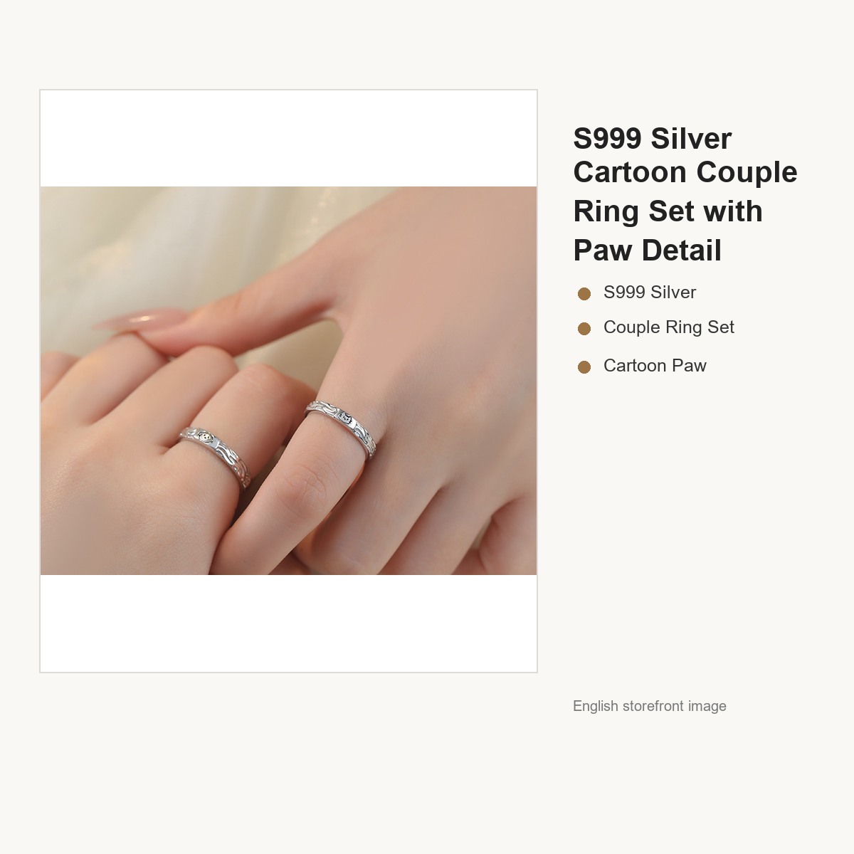 S999 Silver Cartoon Couple Ring Set with Paw Detail gallery image 4