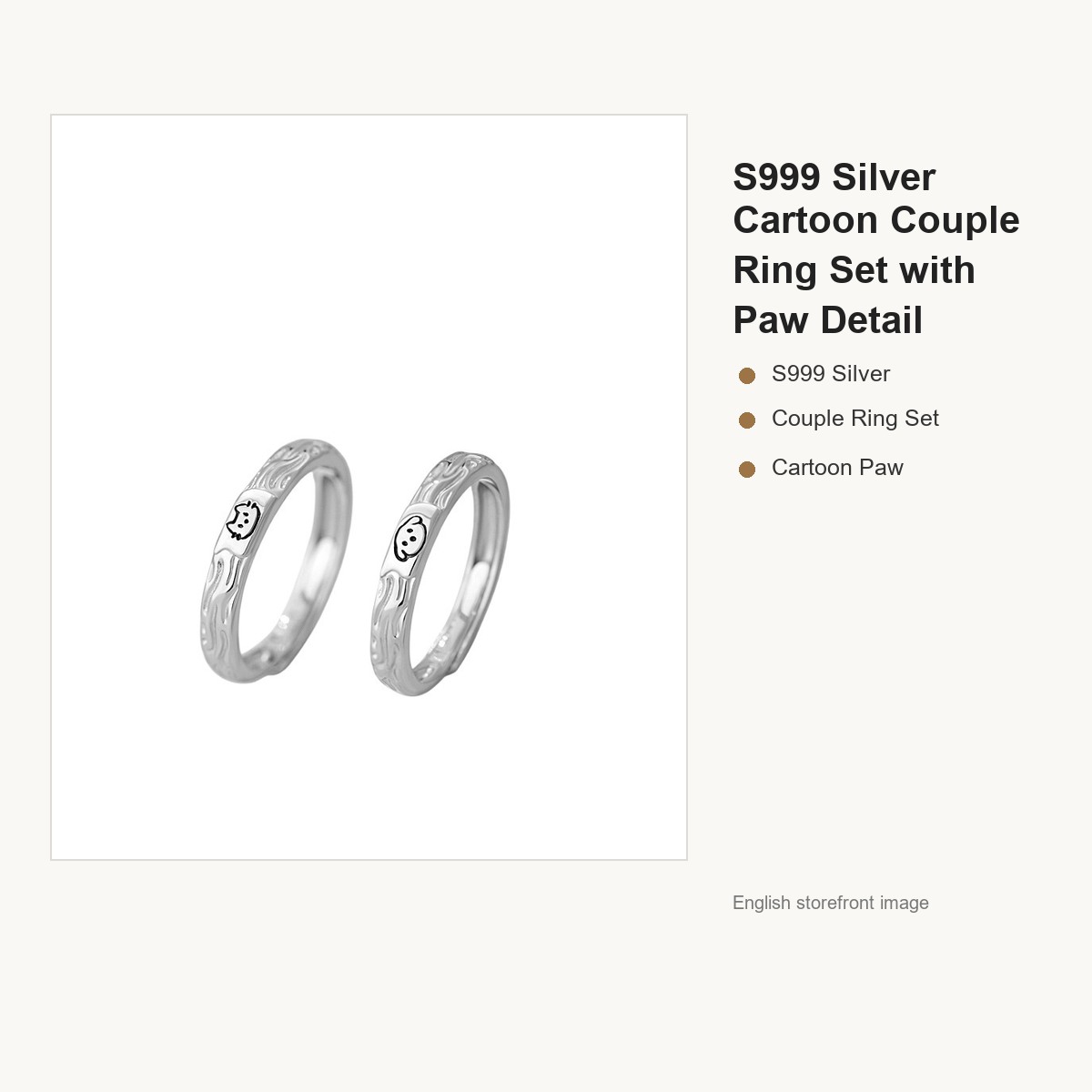 S999 Silver Cartoon Couple Ring Set with Paw Detail gallery image 5