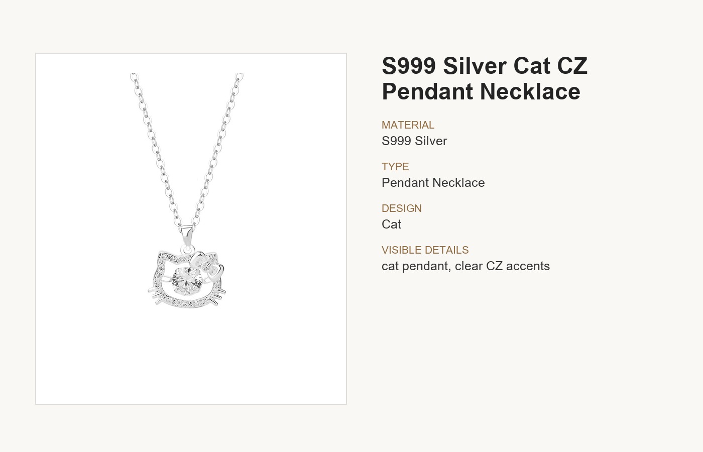 S999 Silver Cat CZ Pendant Necklace for Women detail image