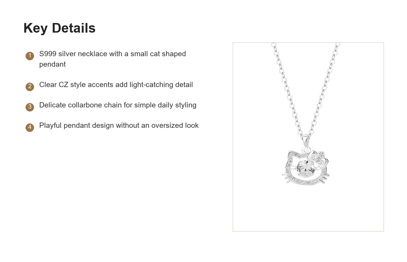 S999 Silver Cat CZ Pendant Necklace for Women detail image