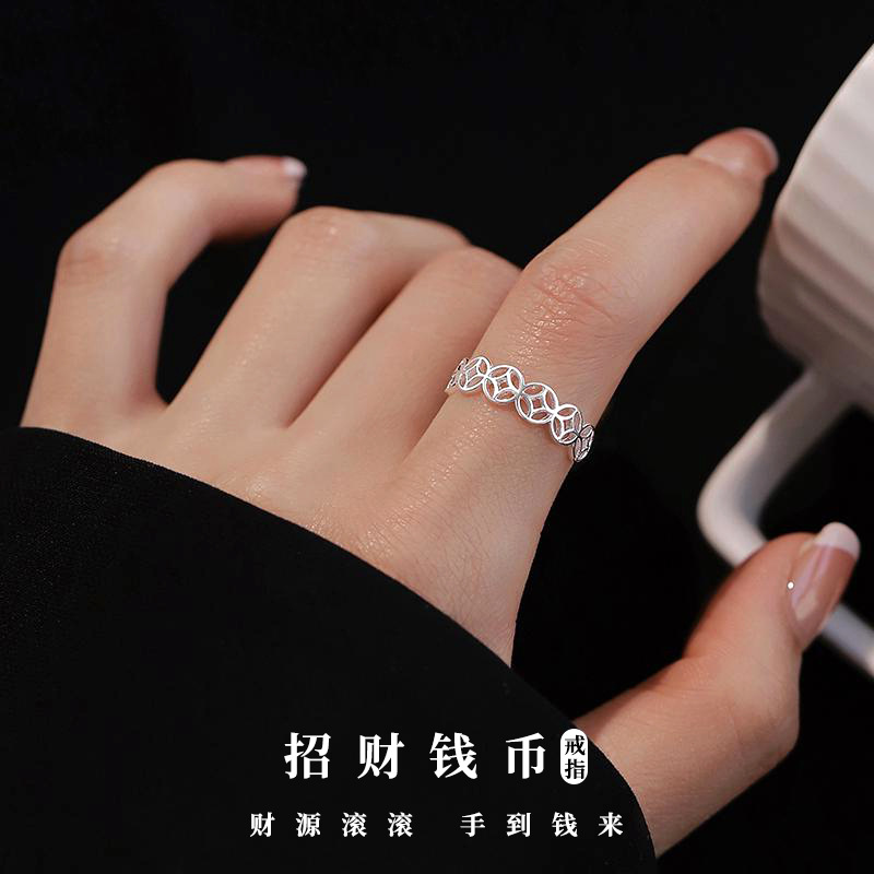 S999 Silver Coin Modern Chinese Vintage Adjustable Open Ring for Women main image 1