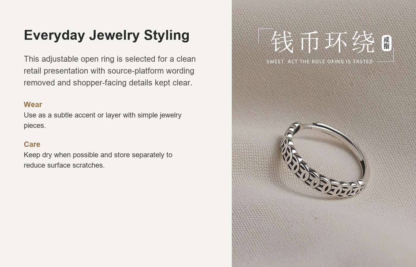 S999 Silver Coin Vintage Minimalist Adjustable Open Ring for Women detail image