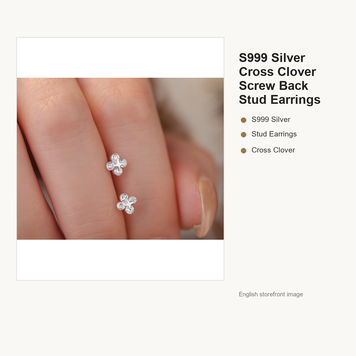 S999 Silver Cross Clover Screw Back Stud Earrings gallery image 2