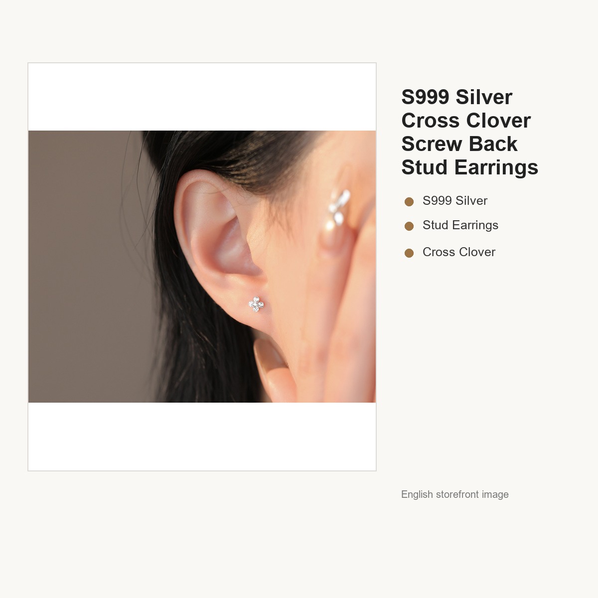 S999 Silver Cross Clover Screw Back Stud Earrings gallery image 4