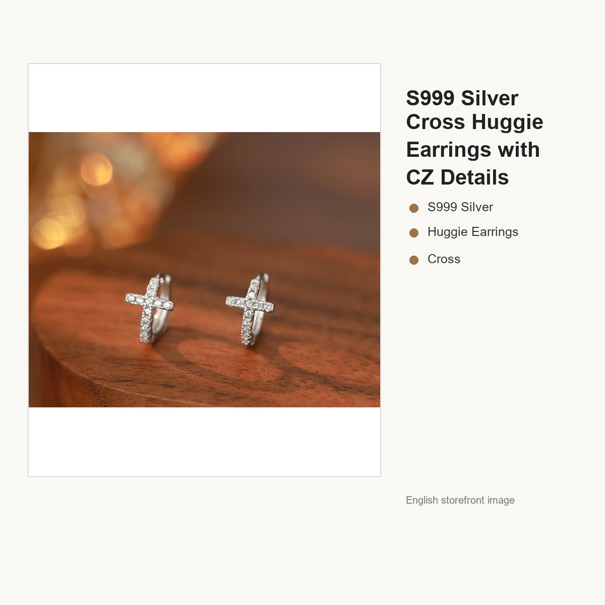 S999 Silver Cross Huggie Earrings with CZ Details gallery image 1