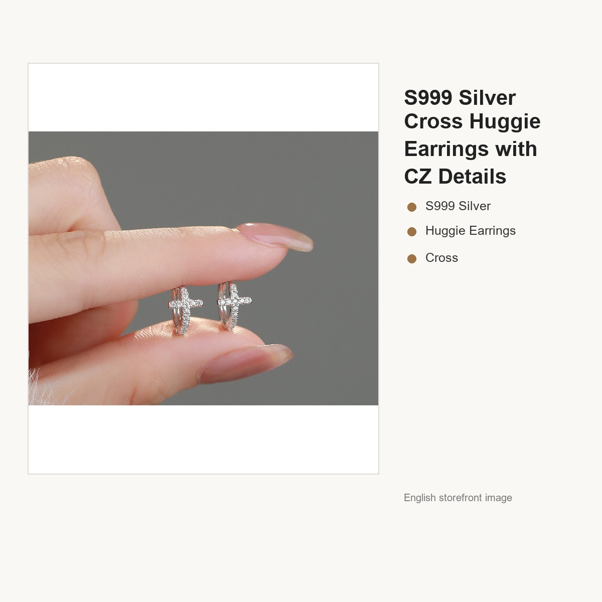 S999 Silver Cross Huggie Earrings with CZ Details gallery image 2