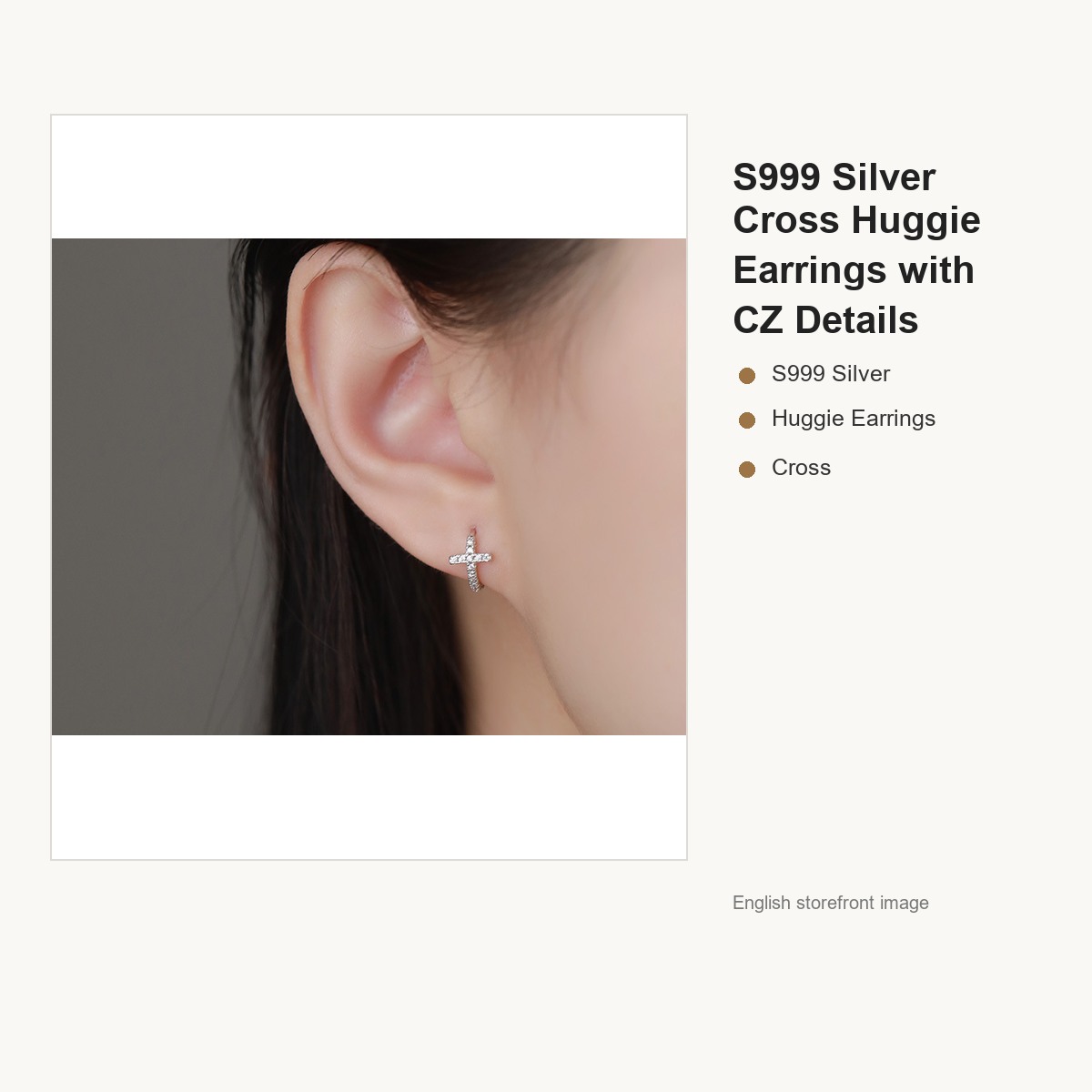 S999 Silver Cross Huggie Earrings with CZ Details gallery image 3
