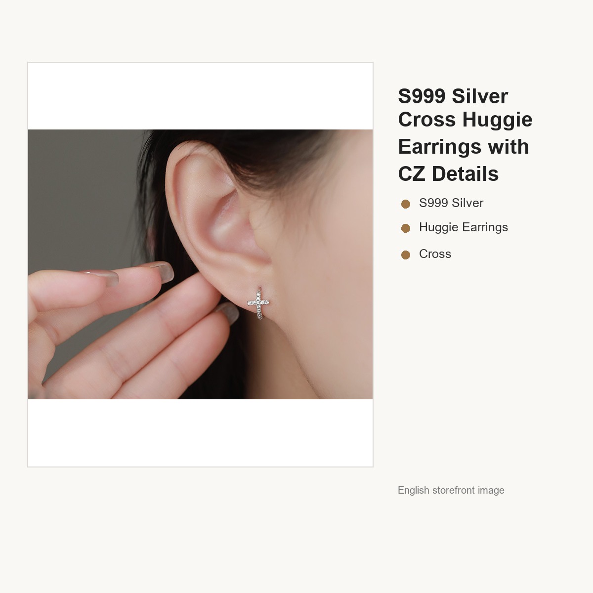 S999 Silver Cross Huggie Earrings with CZ Details gallery image 4