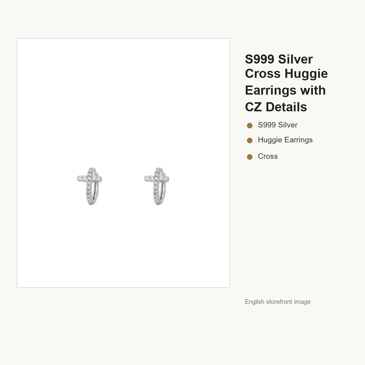 S999 Silver Cross Huggie Earrings with CZ Details gallery image 5