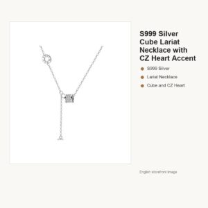 S999 Silver Cube Lariat Necklace with CZ Heart Accent gallery image 1