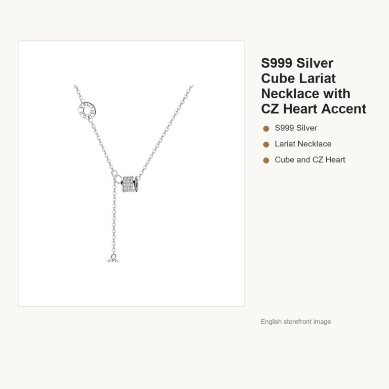 S999 Silver Cube Lariat Necklace with CZ Heart Accent gallery image 1