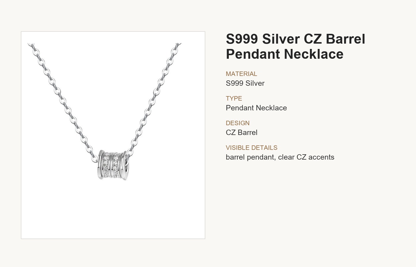 S999 Silver CZ Barrel Pendant Necklace for Women detail image