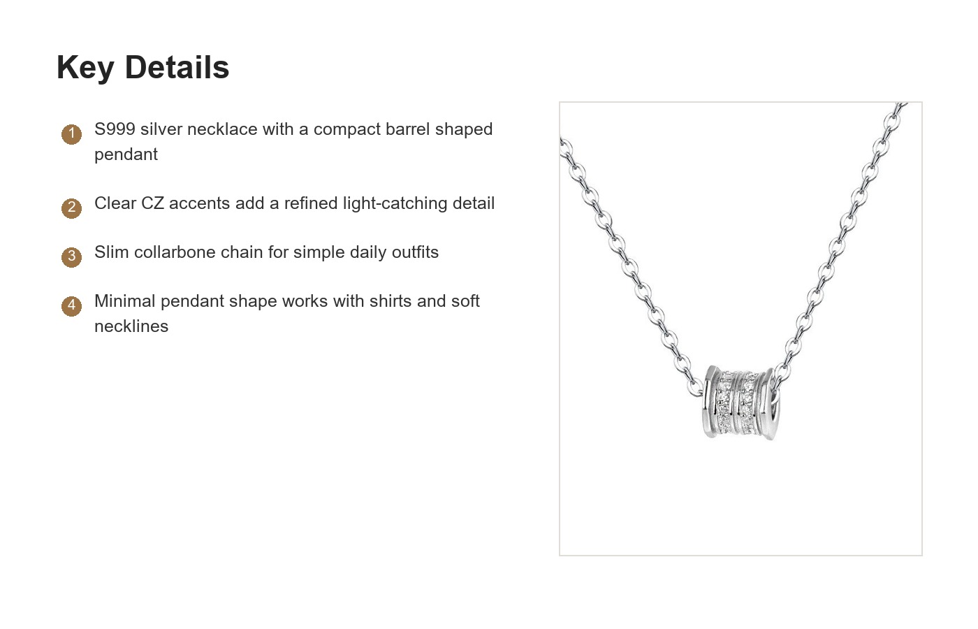 S999 Silver CZ Barrel Pendant Necklace for Women detail image
