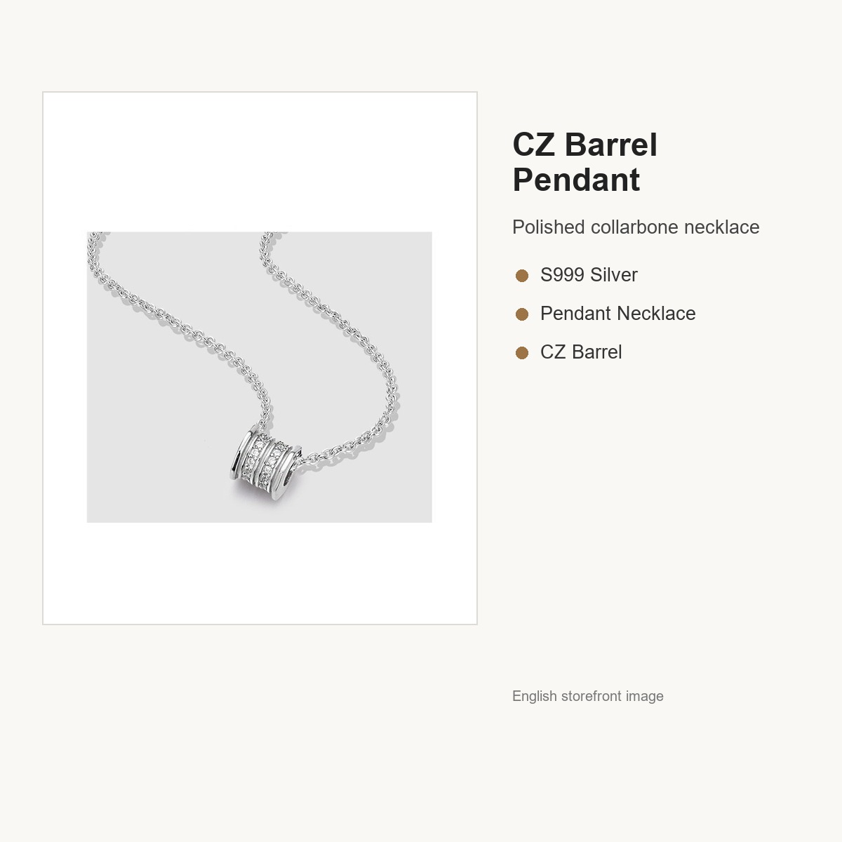 S999 Silver CZ Barrel Pendant Necklace for Women English replacement gallery image 1