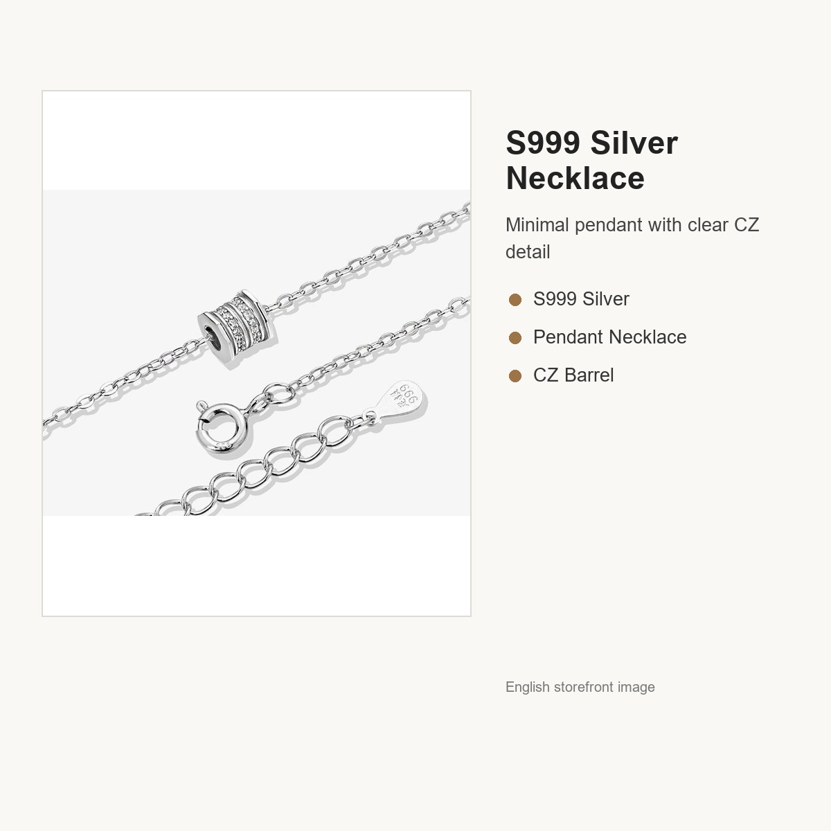 S999 Silver CZ Barrel Pendant Necklace for Women English replacement gallery image 2