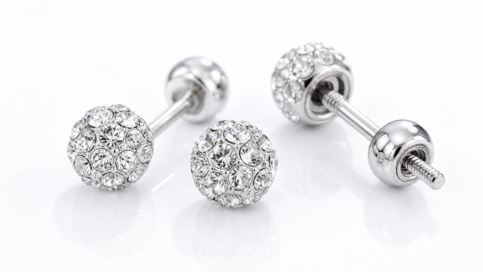 S999 Silver Round CZ Bead Screw Back Stud Earrings for Women detail image