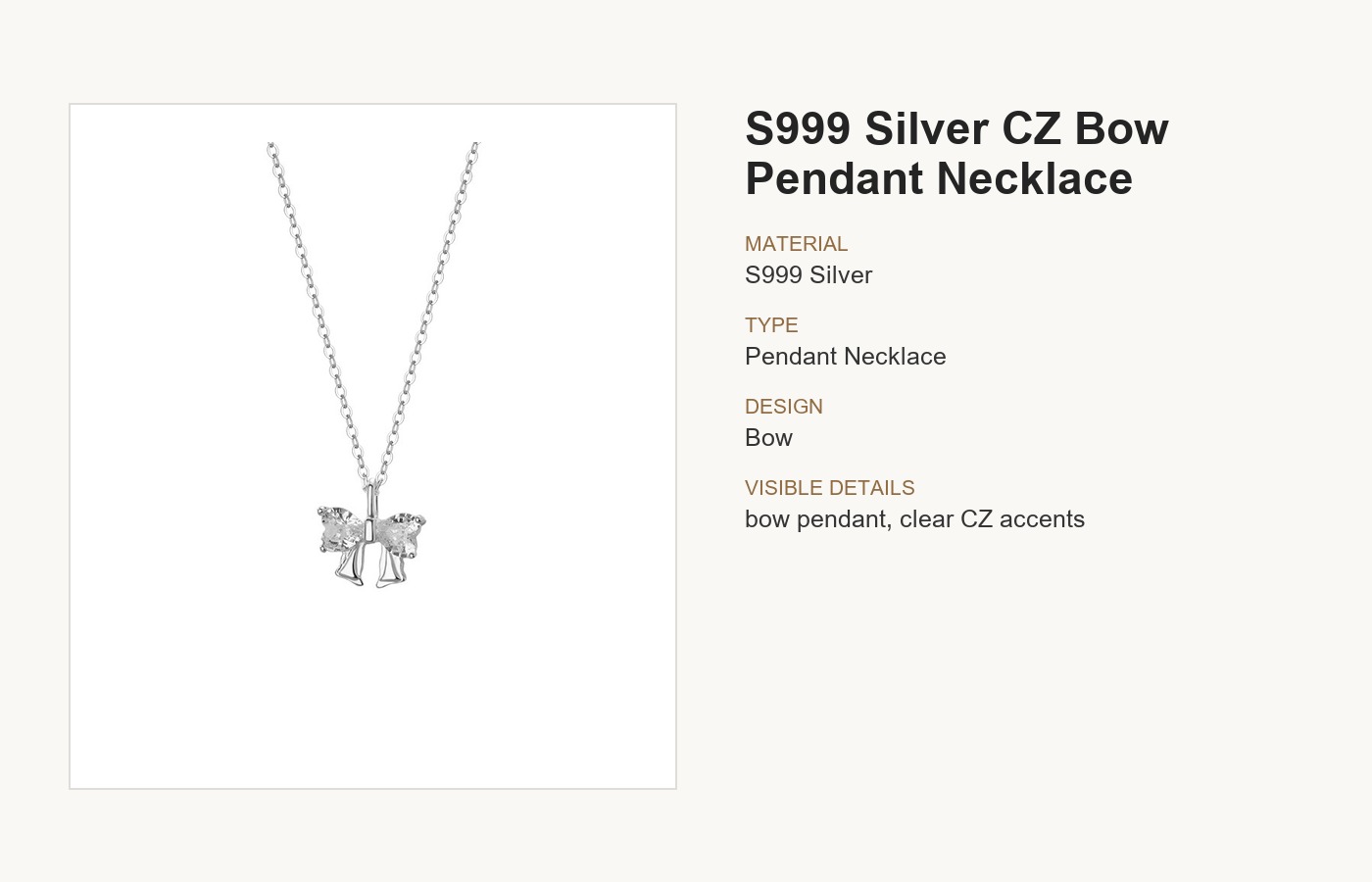 S999 Silver CZ Bow Pendant Necklace for Women detail image