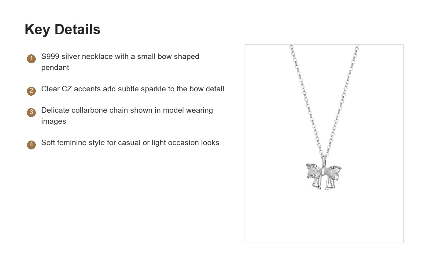 S999 Silver CZ Bow Pendant Necklace for Women detail image