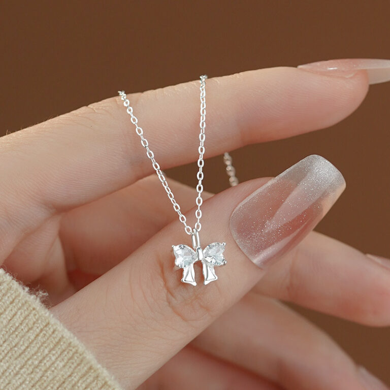 S999 Silver CZ Bow Pendant Necklace for Women main product image 1