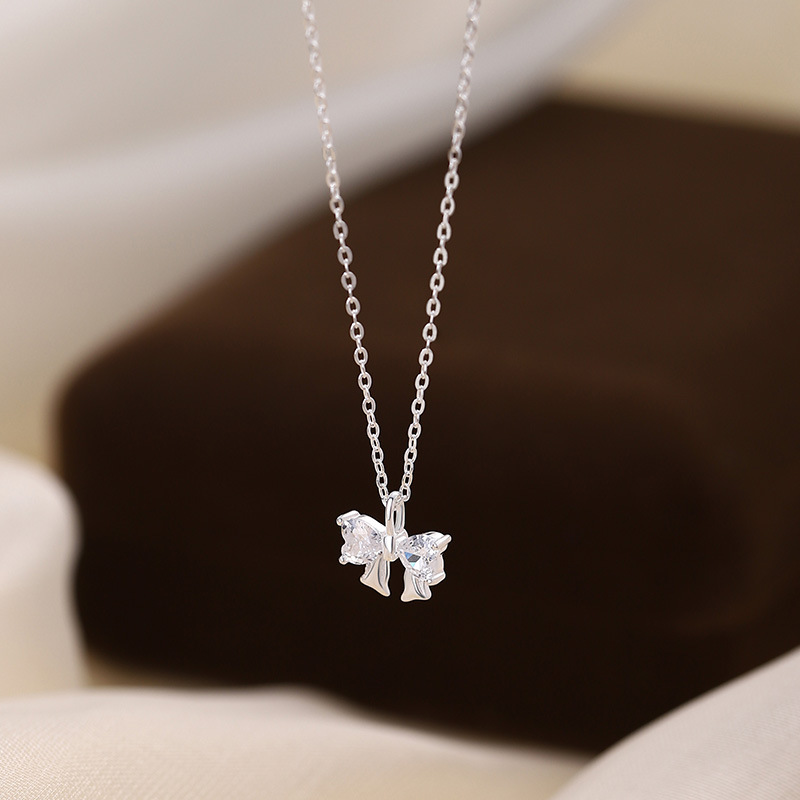 S999 Silver CZ Bow Pendant Necklace for Women main product image 2