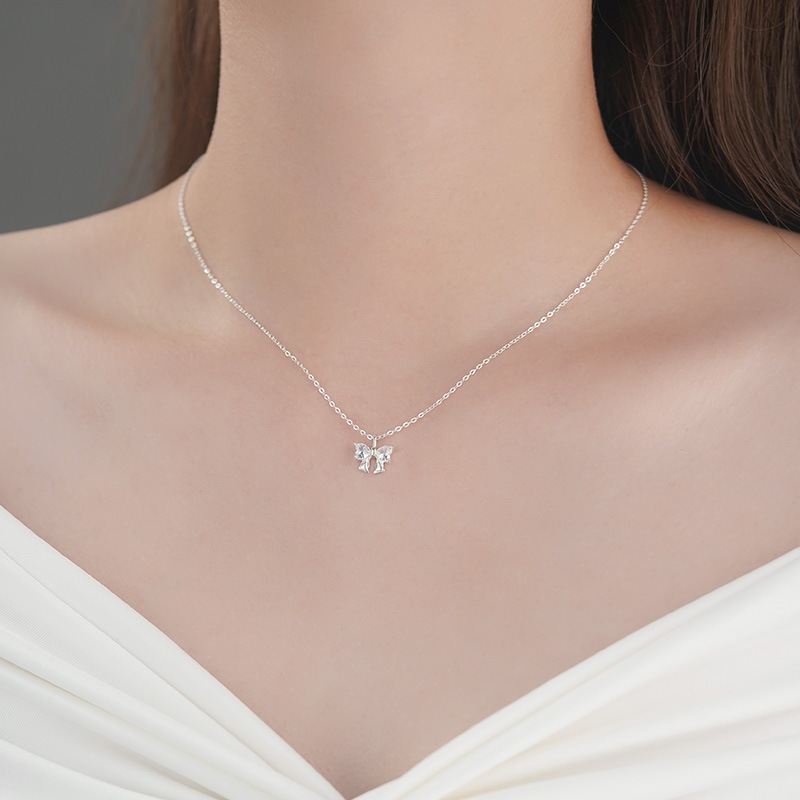 S999 Silver CZ Bow Pendant Necklace for Women main product image 3