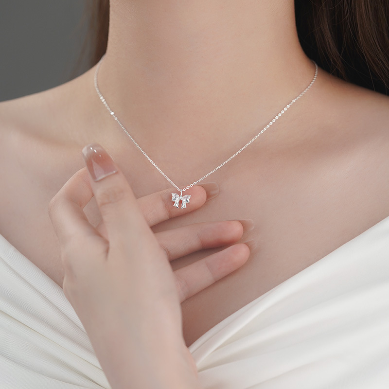 S999 Silver CZ Bow Pendant Necklace for Women main product image 4