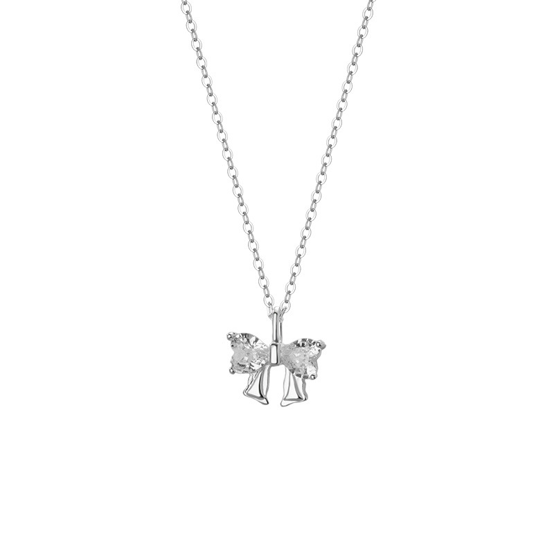 S999 Silver CZ Bow Pendant Necklace for Women main product image 5