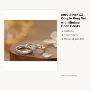 S999 Silver CZ Couple Ring Set with Minimal Open Bands gallery image 1