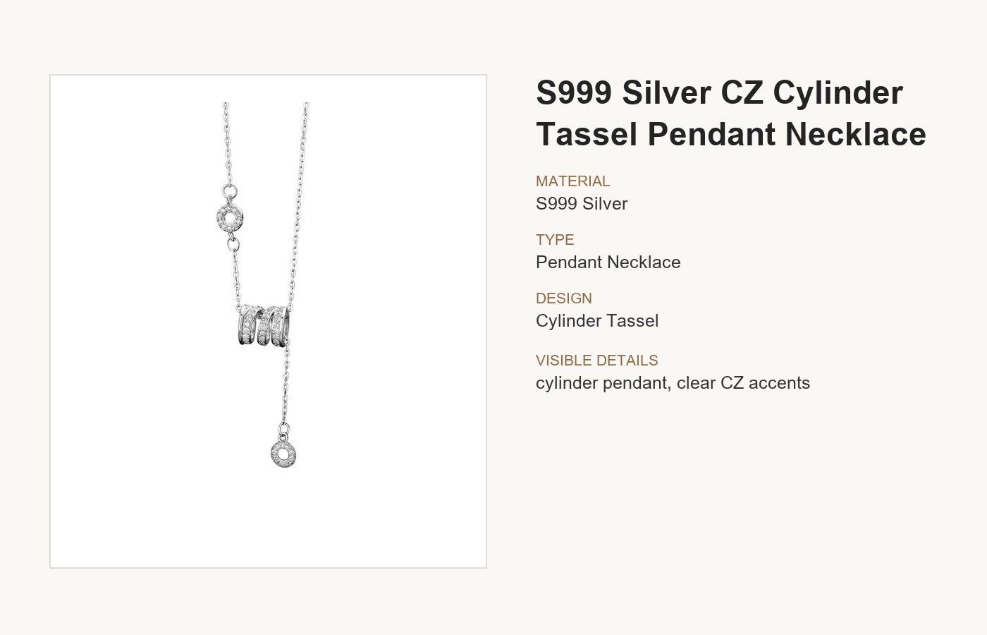 S999 Silver CZ Cylinder Tassel Pendant Necklace for Women detail image