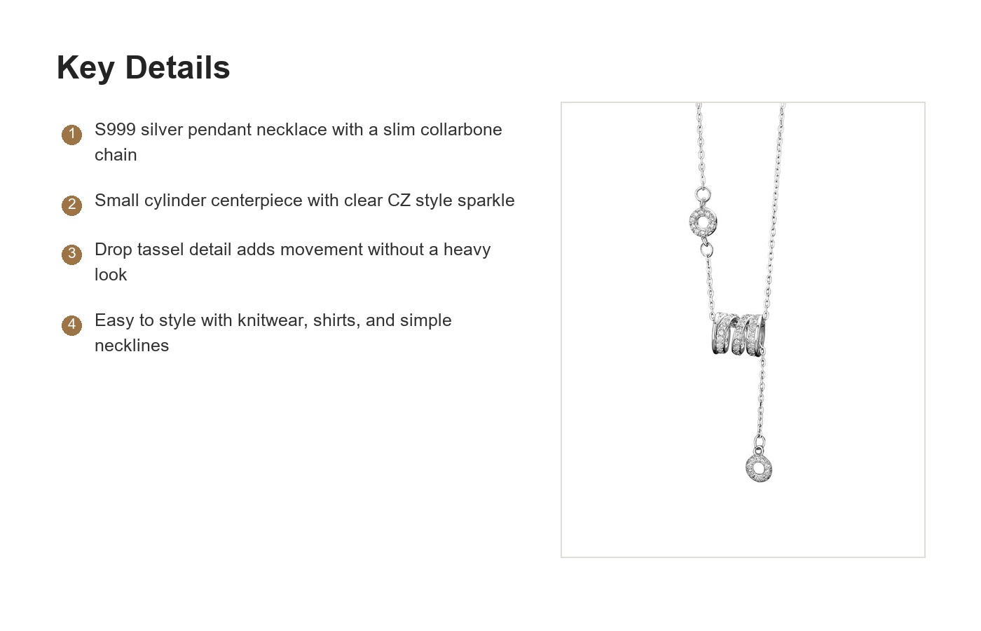 S999 Silver CZ Cylinder Tassel Pendant Necklace for Women detail image