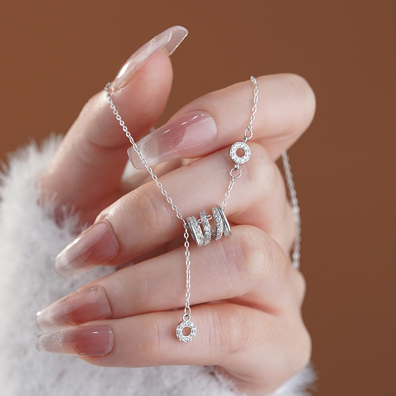 S999 Silver CZ Cylinder Tassel Pendant Necklace for Women main product image 3